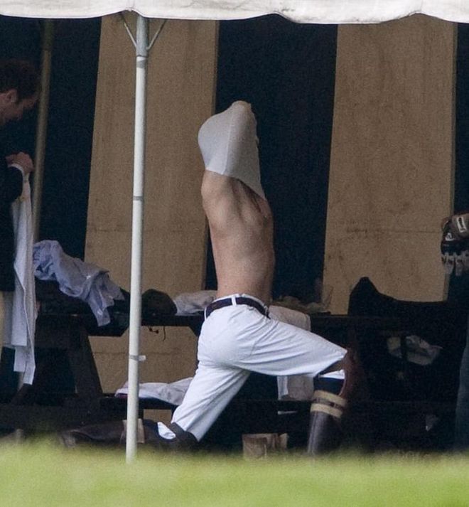 Back in 2010, presumably fully aware that he was about to break the internet, Prince Harry did this during a polo match. Why he assumed that particular position to take his shirt off, we'll never know.