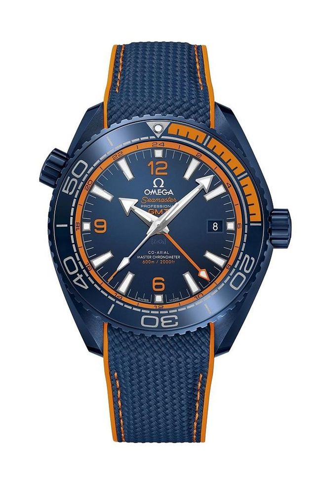 With a sturdy case made entirely from a single block of blue ceramic, the Big Blue is a combination dive watch with a second time zone (so you can keep tabs on the time in faraway places). The antimagnetic watch is water-resistant to 600 meters and comes paired with an orange-edged rubber strap textured to look like woven fabric.