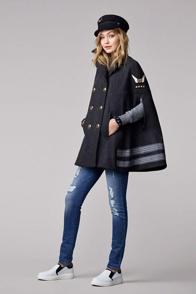 Nautical hat, wool cape, anchor jumper, long-sleeved silk blouse, Venice regular-waist jeans and slip-on trainers