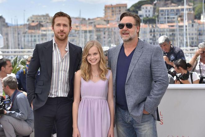 Ryan Gosling, Angourie Rice and Russell Crowe. Photo: Getty