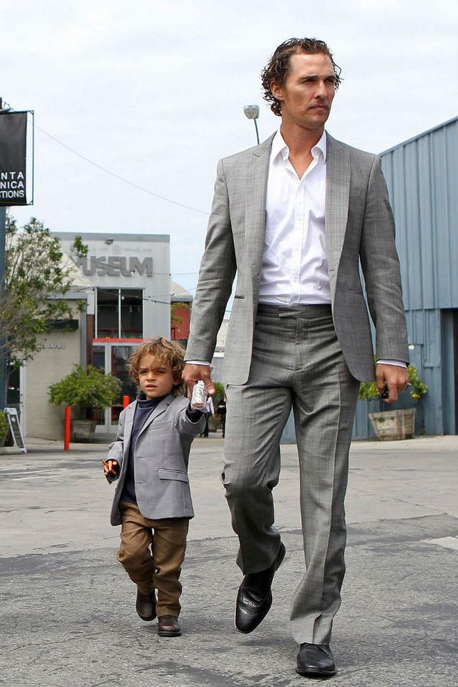 Suiting up in coordinating father-son looks, Matthew McConaughey and his son Levi stepped out in matching gray checked suit jackets. While the actor wore a full-on suit, his toddler son wore a t-shirt and brown pants with his jacket instead. Photo: Getty