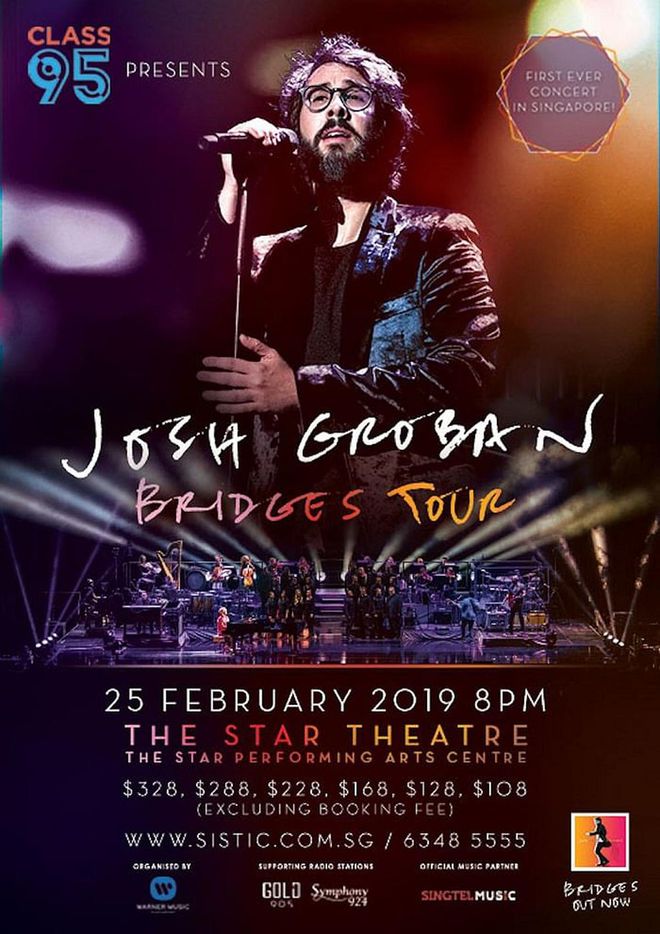 Mention Josh Groban and you’d almost immediately think of his emotional 2003 mega hit, You Raise Me Up. The multi-platinum award-winning singer will be performing live in Singapore for the first time ever, and you can be sure that his soaring, powerful vocals will send you into music heaven. Presented by Class 95 and Warner Music Singapore, his concert tour will feature tracks from his latest studio album, Bridges (2018), although we’re hoping he’d also belt out some of his well-known melodies, such as Bridge over Troubled water, Run and S’il suffisait d’aimer. Prices start from $108 to $328. Get your tickets from Sistic. Photo: Sistic

 
