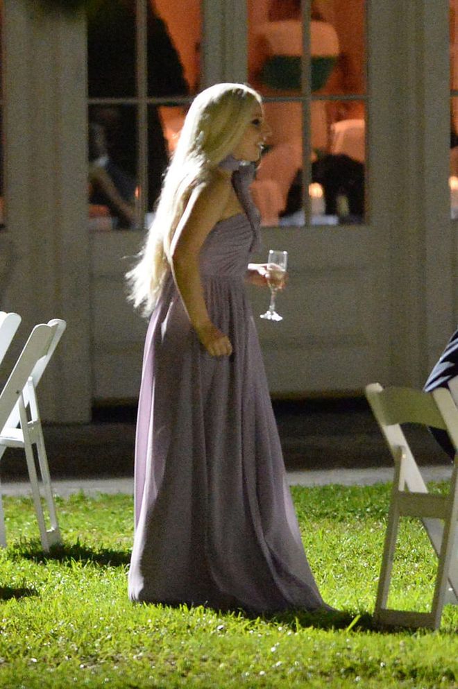 Lady Gaga in a very atypical Grecian bridesmaid dress. Photo: Rex Features