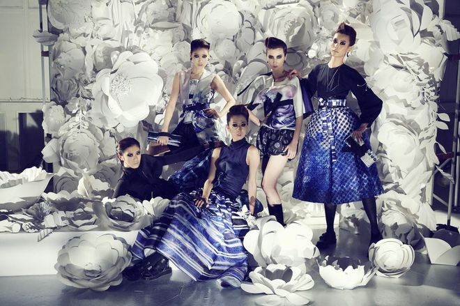 Teh's winning collection is a studied fusion of traditional Japanese and Javanese art forms fashioned into gorgeous prints on voluminous ballgown skirts. Jewellery by Atelier Swarovski. Shoes by Dr Martens. 