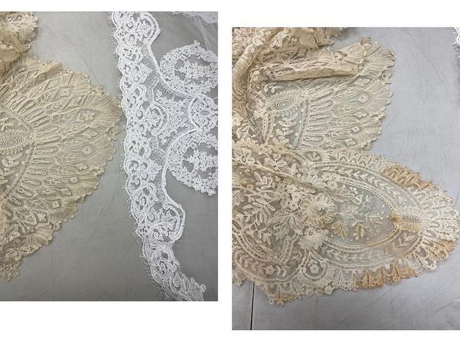 On left: A silk veil preserved vs. left unpreserved; On right: silk disintegration in-process. (Photo: Madame Paulette)