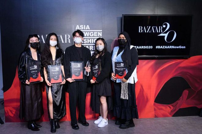 The finalists for Harper’s BAZAAR Asia NewGen Fashion Award 2021 (from left): Sheree Toh, Mia Zhang, Justin Chua,  Irene Calista Wiratma and  Rabiatula’dawiyah Binte Ismail (Photo: Timothy Yap) 
