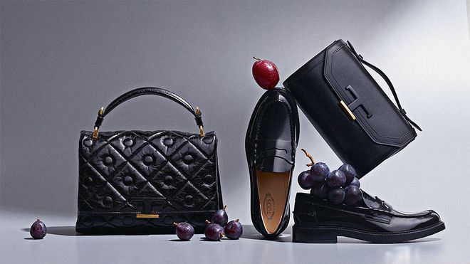 (Left to right) Tod’s Signature Bag in Black, $3,020; Tod’s Leather Loafers, $810; Tod’s T Timeless Bag in Black, $2,270.