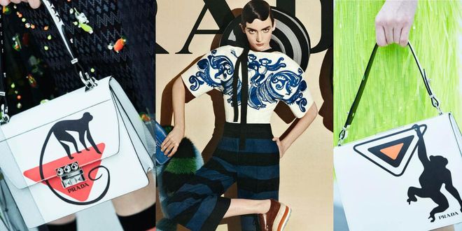 Prada's spring/summer 2011 collection was a wonderland of neons, stripes, bananas, fur and monkeys (see: The SS11 campaign shot by Steven Meisel featuring Zuzanna Bijoch in the middle). This season's bags feature motifs of "primordial beings", including monkeys and dinosaurs.  