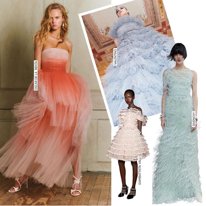 Tiers of tulle, fluttering feathers, wisps of chiffon and organza; there was a romantic, unabashedly feminine mood in the air this season. Lightweight dresses in soft sunrise colours were seen at Chanel and Oscar de la Renta, while Fendi, Valentino and Giambattista Valli all had their own takes on frothy, ruffled frocks in pale pastels. 