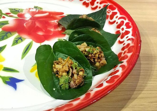 Miang Prawn (with ginger, toasted coconut and betel leaves), $6, Long Chim