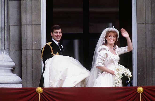 Sarah wore a diamond and platinum tiara for her wedding to Prince Andrew, the Queen's second son. The tiara, which is often called the York Diamond Tiara, was purchased by the Queen and Duke of Edinburgh from Garrard. It is part of a necklace, earring, and bracelet set given to Sarah by the Queen and Prince Philip as a wedding gift.