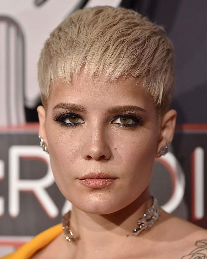 Not your average pixie cut alert: if you're got a boyish shape like Halsey's, brush your bangs toward your eye-line if they're super-shorn instead of angling them back.  