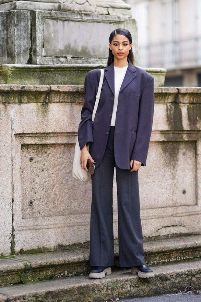 For days that call for a little more comfort, opt for an oversized suit with a chunky shoe for an instantly polished look.

Photo: Edward Berthelot / Getty