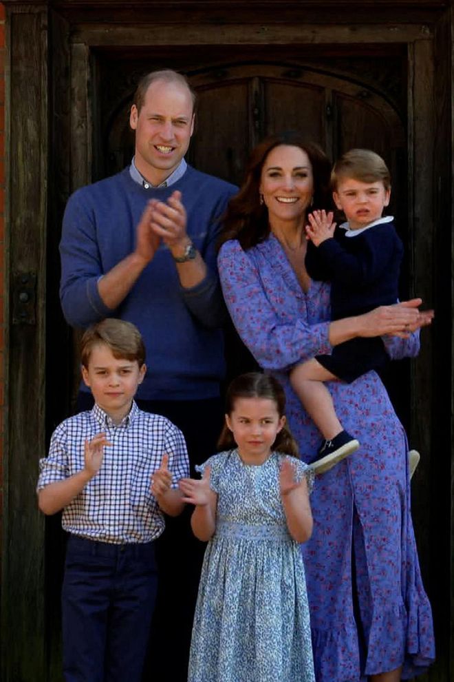 William, Kate, George, Charlotte, and Louis of Cambridge clap NHS carers.

Photo: Getty