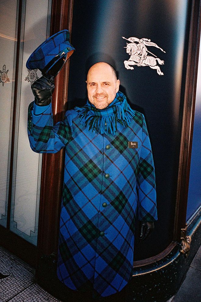 A Harrods doorman in Burberry Knight Blue check uniform. Photo: Courtesy of Burberry