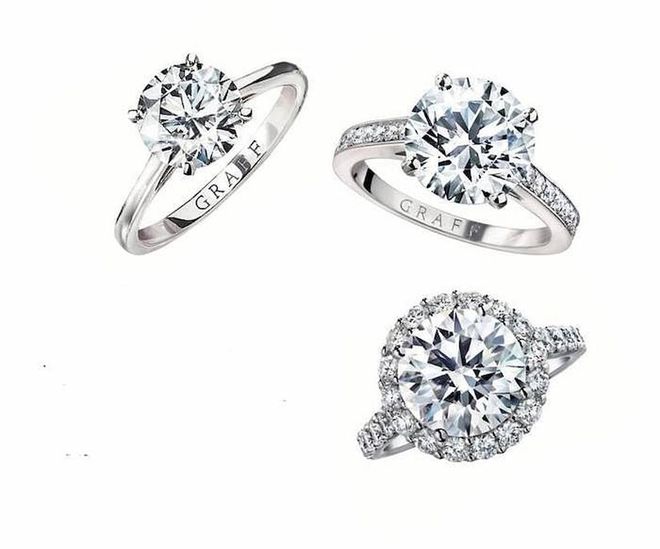 GRAFF’s engagement ring settings are named after legendary diamonds handled by the House. Clockwise from above: Paragon, Flame and Icon. (Photo: GRAFF)