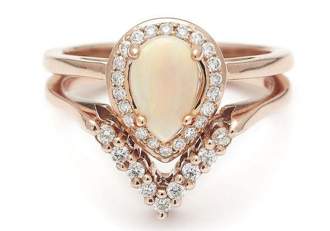 14kt rose gold ring with opal and white diamonds, $4,700, annasheffield.com.