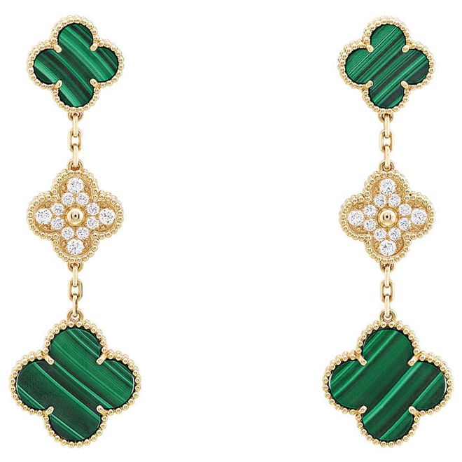 Gold, malachite and diamond Vintage Alhambra 3-motif earrings