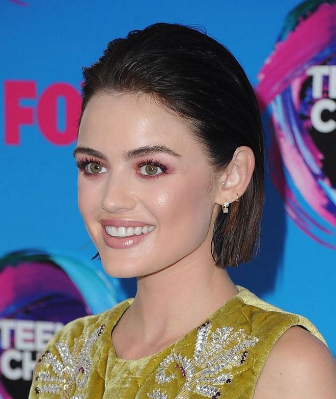 Embrace sleekness like Lucy Hale by slicking back a short, blunt bob with smoothing pomade for a pseudo-wet look.

Photo: Getty