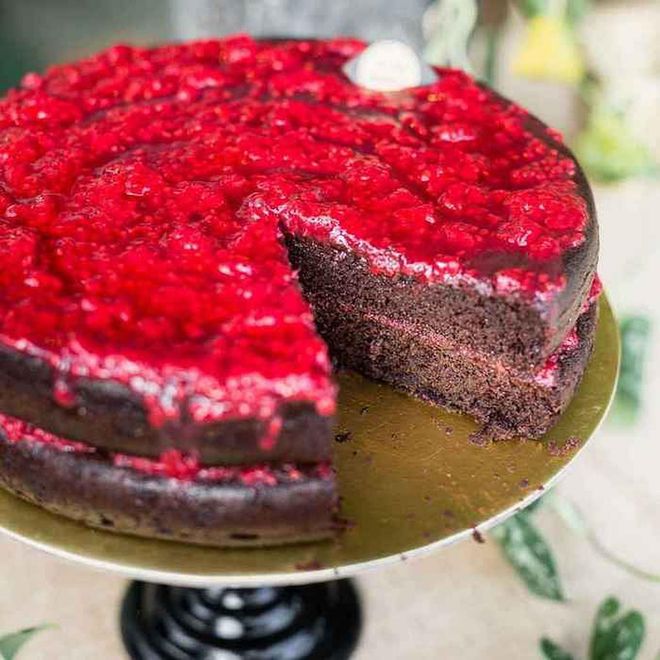 Signature Dark Chocolate Cake with Raspberry Coulis (6-inch), $69, Oh My Goodness! at KrisShop
