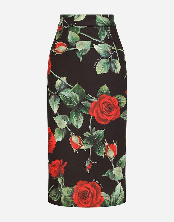 Rose-Print Technical Jersey Midi Skirt, $1,300, Dolce & Gabbana
