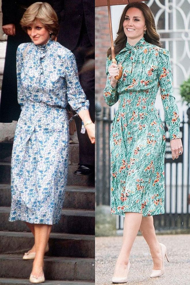 Princess Diana at her wedding rehearsal in July 1981; the Duchess of Cambridge at the Sunken Garden at Kensington Palace in August 2017.