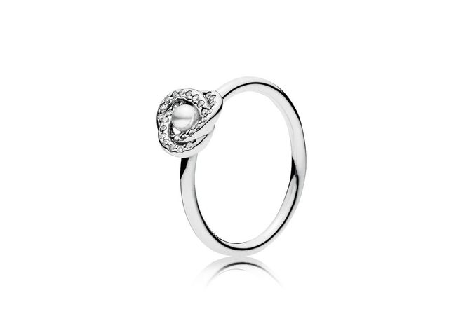 Luminous Love Knot sterling silver ring with white crystal pearl and cubic zirconia, $89