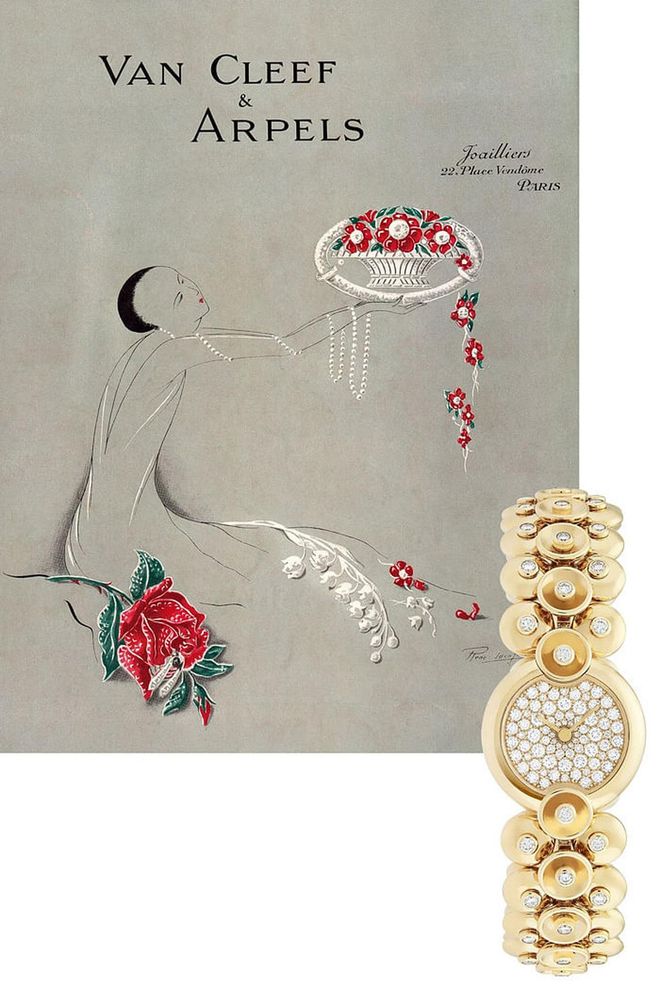 Art Deco elegance was in full force in this Van Cleef & Arpels ad for its boutique at Paris's Place Vendôme. The same level of glam is still apparent today, with a yellow gold and diamond watch based on a "paillette" motif created in the 1930s. Bouton d'or, USD64,500; vancleefarpels.com