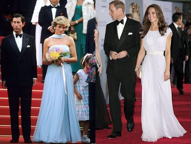 Diana wears Catherine Walker to the Cannes Film Festival in 1987; Kate wears Marchesa to a BAFTA event in Los Angeles in 2011.