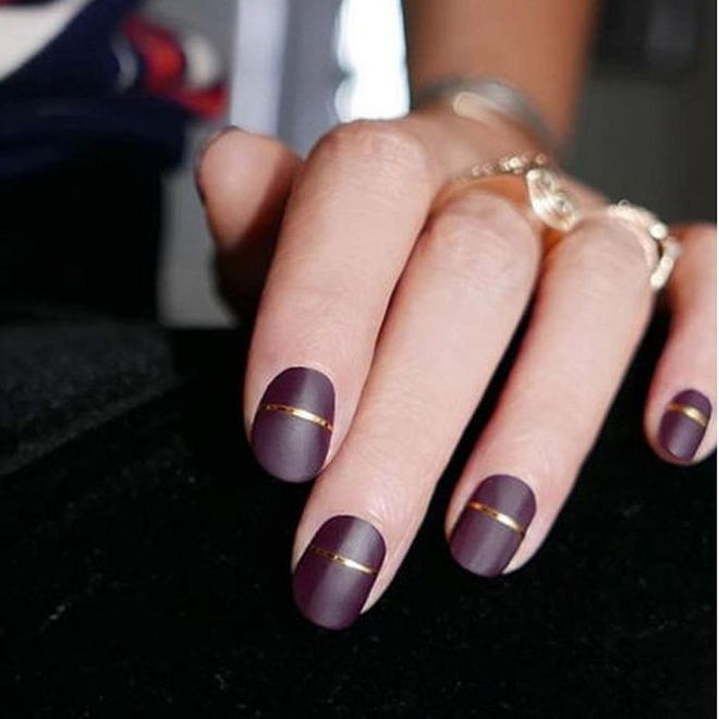 Elevate a burgundy matte manicure with an elegant gilded ribbon through the center.
@deborhlippmann