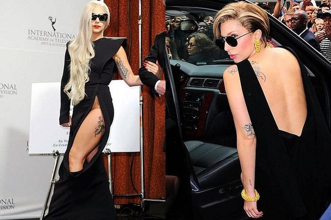 Gaga has 15 tattoos, including "Dad" written in a heart and a cherub on her back, a unicorn carrying a banner that reads "Born This Way" on her right thigh and quote by her favorite author, Rainer Maria Rilke, written in German on her left bicep. Her most recent? A trumpet drawn by Tony Bennett himself.