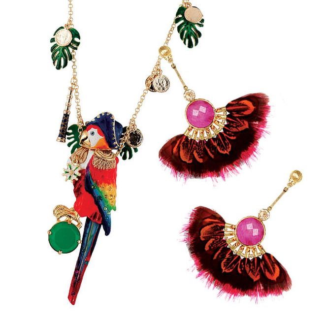 Throw caution to the wind and embrace all things tropical: N2’s whimsical parrot necklace, for example, brings a fun touch to any outfit. Take the theme to the nth degree by pairing it with feathered earrings from Gas Bijoux.