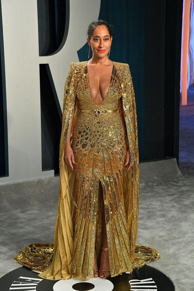 In a glittering gold Zuhair Murad gown. Photo: Getty