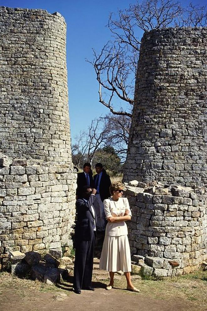 In a safari suit by Catherine Walker while visiting the Great Zimbabwe Ruins.


