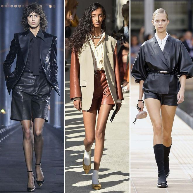 A number of designers favoured the short suit in leather, but each took a different approach. Saint Laurent gave it the evening treatment, styling the shorts with tights and sequins, while at Salvatore Ferragamo, it was touches of brown leather for a daytime-appropriate look and Longchamp juxtaposed tough leather with feminine ruched sleeves.