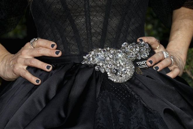 Her heavily bedazzled belt complete with an ornate diamond brooch is new levels of extra we can get on board with. Photo: Getty 