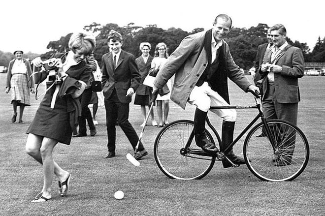 Prince Philip playing bicycle polo technique in Windsor Great Park, Berkshire.