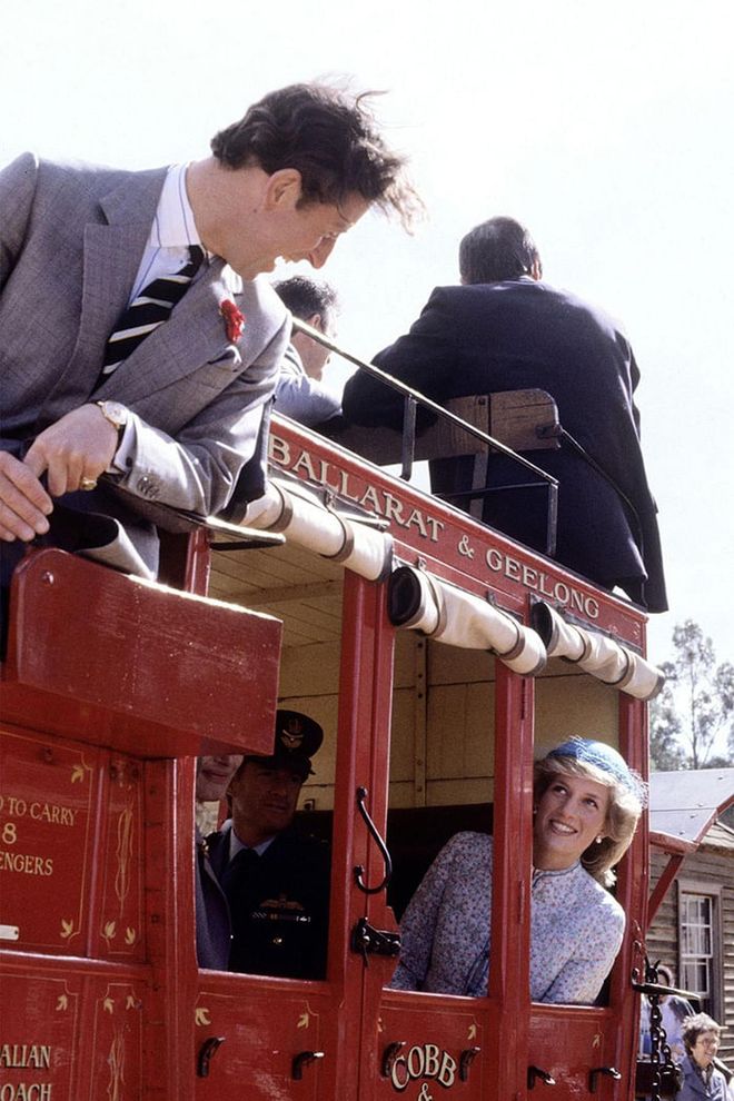 On a stagecoach ride with Prince Charles in Ballarat, Australia. Photo: Getty