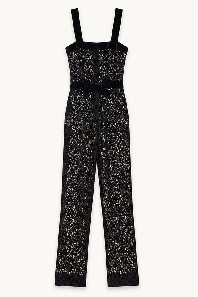 Maje's take on the Little Black Jumpsuit comes by way of lace and flocking. The waist bow is ideal for adding a little definition and shape. 