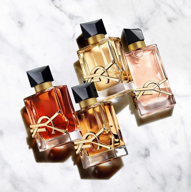 The full range of YSL Beauty’s Libre fragrances, including Libre Le Parfum, Libre Eau de Parfum Intense, Libre Eau de Parfum, and Libre Eau de Toilette.