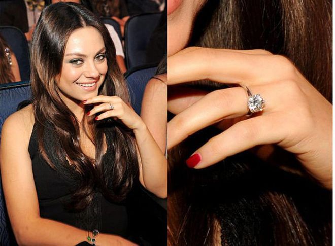 Kunis and her That '70s Show co-star became engaged just last month, and Kunis debuted her diamond ring (and baby bump) at Sunday night's MTV Movie Awards.


