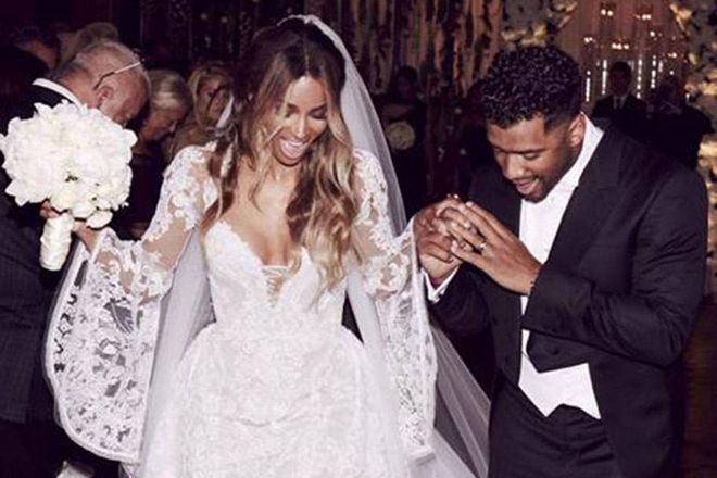 July 2016 Ciara married NFL player Russell Wilson in a custom Cavalli couture gown at Peckforton Castle in Cheshire.
