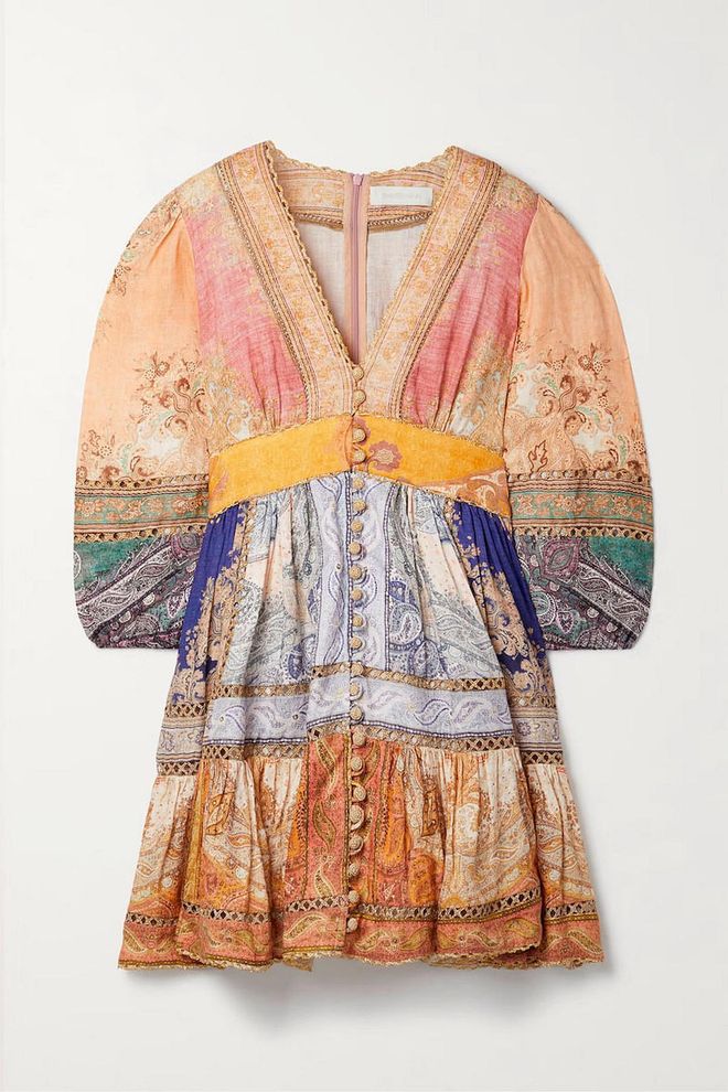 Anneke Crochet-Trimmed Printed Linen Mini Dress, $1,285, Zimmermann at Net-a-Porter

