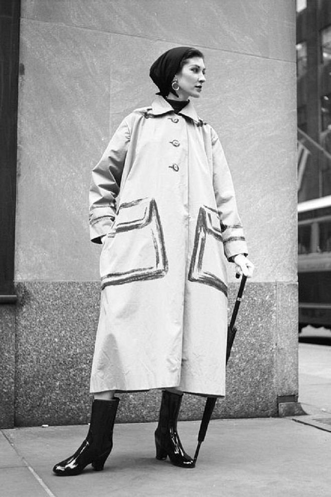 A model in an Hermes Trompe-l'Oreil raincoat in Paris.

Photo: Getty