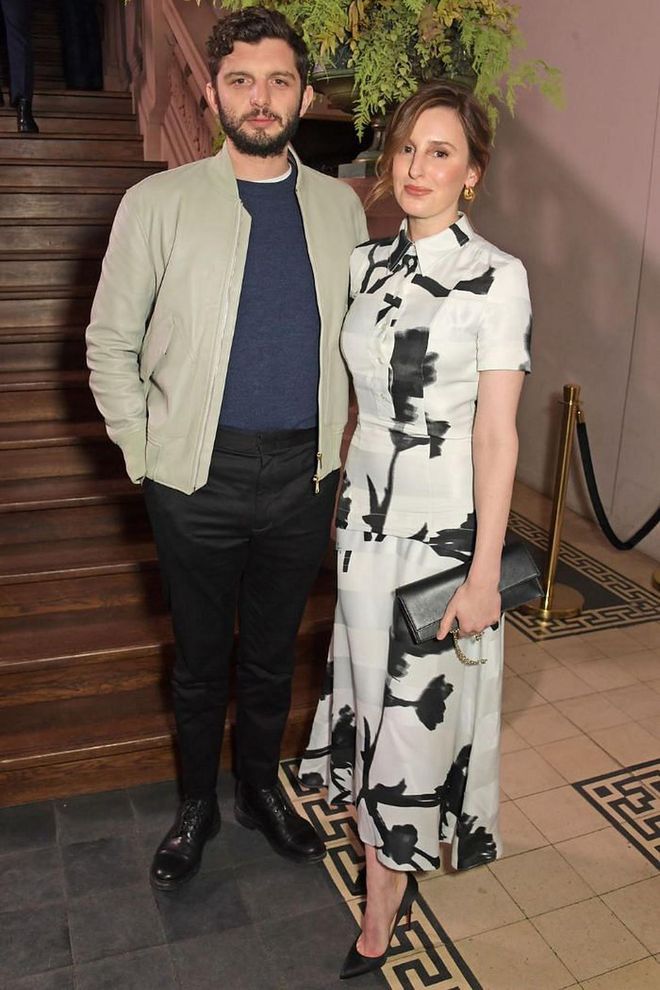 Laura Carmichael looked elegant in a monochrome printed dress, pictured here with Michael C. Fox.