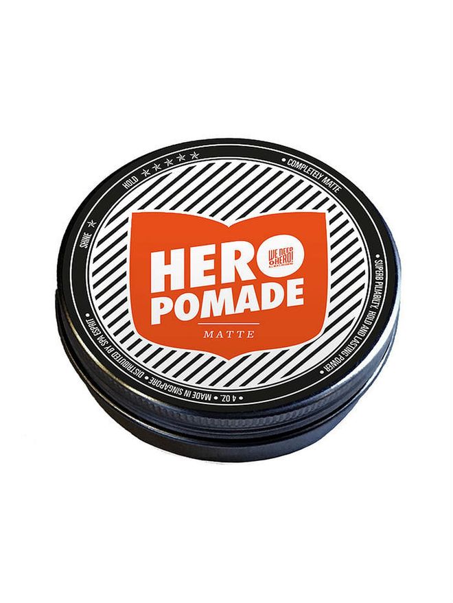 <b>Hero Pomade (Matte), We Need A Hero</b>: Whether your hair is limp and flat or course and unmanageable, this matte pomade from We Need A Hero is highly recommended for its flexible moulding capabilities and strong hold to keep your hair in shape without the excess shine. Photo: We Need A Hero
