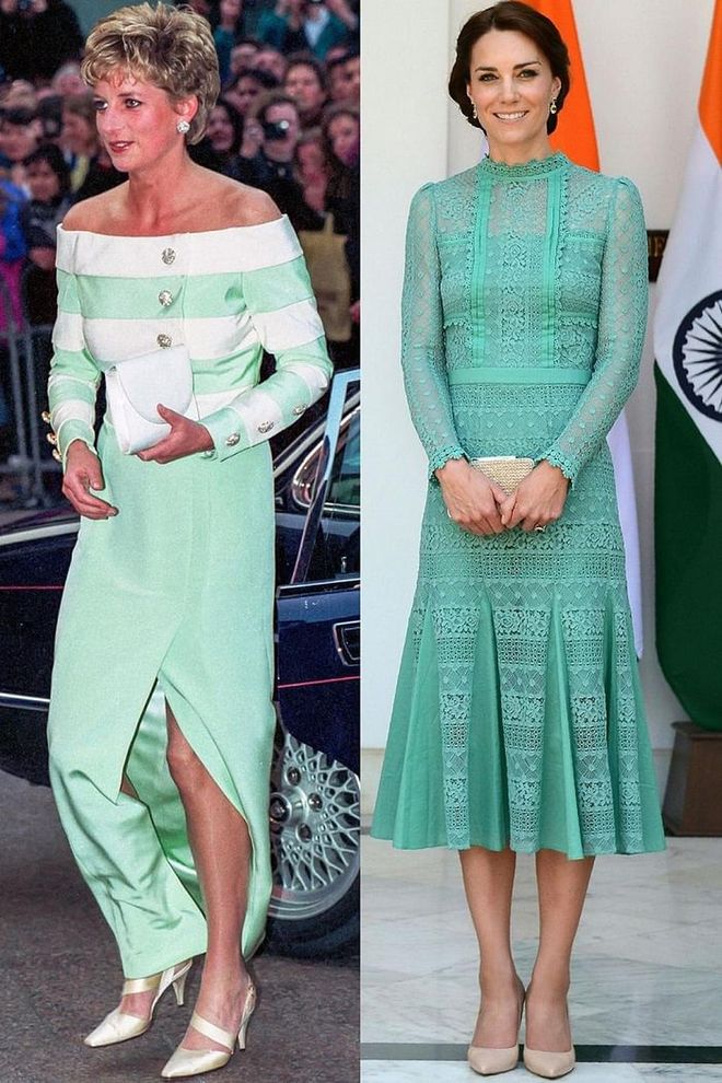 Diana attending a premiere in London's West End in April 1993; Kate in Temperley London meeting the Prime Minister of India in New Delhi in April 2016.