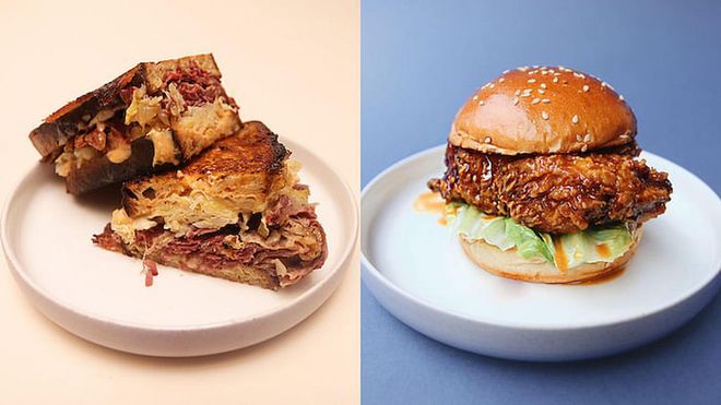 From left: Pastrami Rueben sandwich, Hot Honey Fried Chicken burger. (Photos: Park Bench Deli)