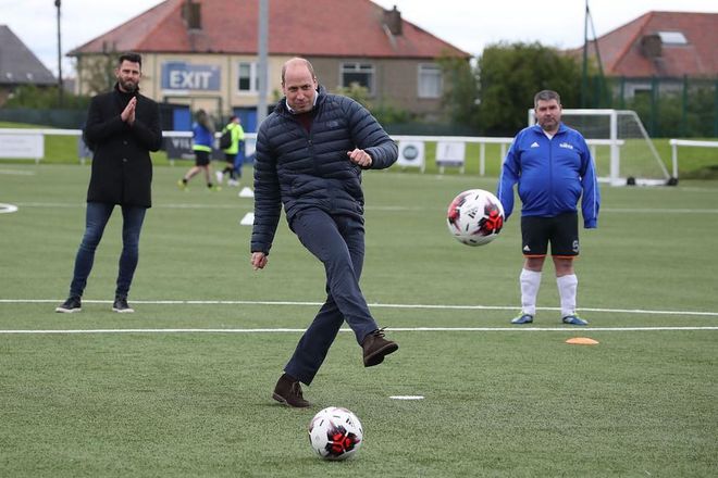 Playing soccer during a visit to Spartans FC's Ainslie Park Stadium on May 21, 2021 in Edinburgh, Scotland. (Photo: Getty Images)