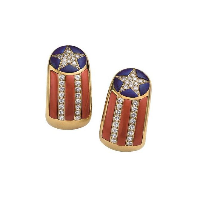 Star Spangled Banner earrings in gold with coral, lapis lazuli and diamonds, ca 1975
